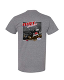 Front of heather gray adult T-shirt with red black and white Dirt Gangster logo